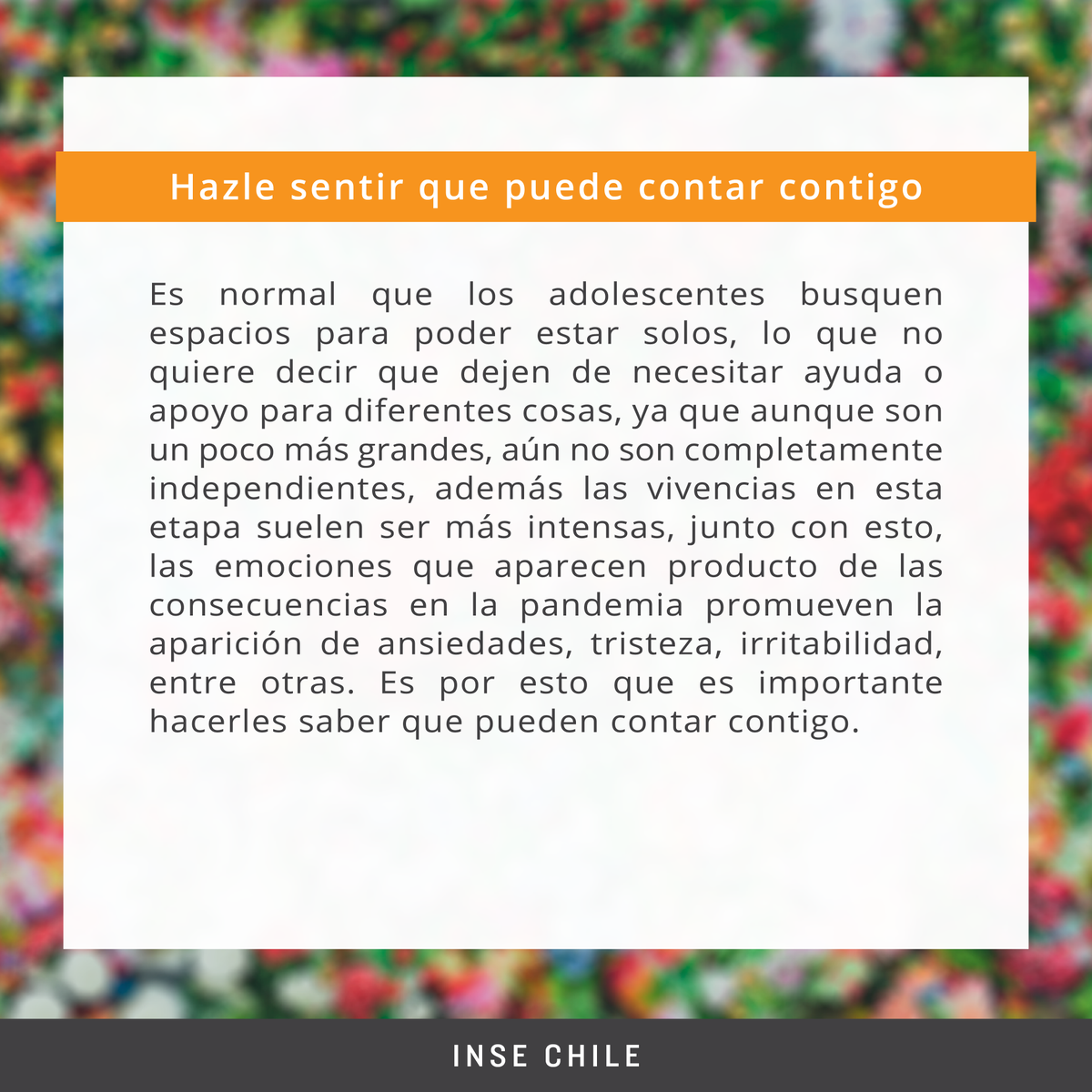 INSE_CHILE's tweet photo. 🟠 Apoyo para adolescentes en tiempos de Covid-19 
(Parte 2).

Compartimos con ustedes los siguientes consejos de salud y bienestar emocional para los adolescentes en esta cuarentena.🧡

#quedateencasa #buenlunes #cuarentenaextendida #chile #elpuebloayudaalpueblo #psicología https://t.co/q9oV5xzihV
