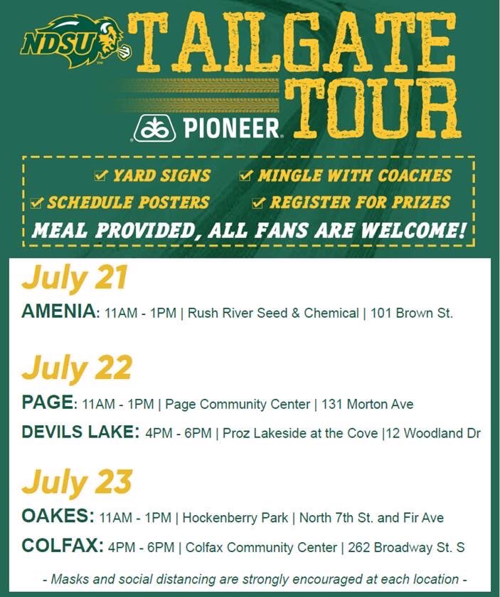 AgvocateLady's tweet photo. Come on out for the NDSU Tailgate Tour sponsored by Pioneer!  Following Social Distancing Guidelines &amp; masks recommended. https://t.co/9ed9MSZaS7