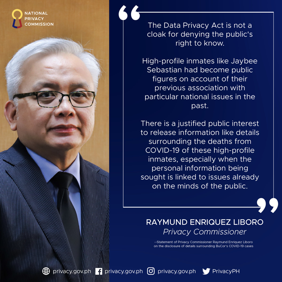 PrivacyPH's tweet photo. Statement of Privacy Commissioner Raymund Enriquez Liboro on the Disclosure of Details Surrounding BuCor's COVID-19 Cases

#PrivacyPH https://t.co/ZfeSuqcDgc