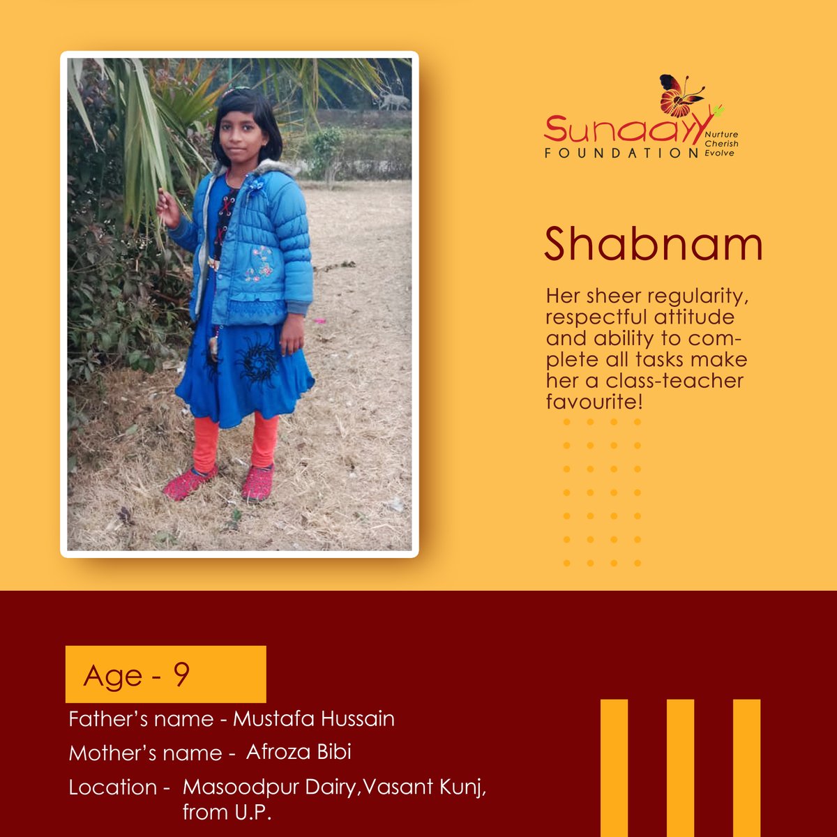 NishVishwa's tweet photo. Shabnam is a sweet and shy,nine-year-old,living in Bengali
Basti with her parents and brother.She was one of the first students to join us at a student opening of the new center.  #children #help #support #nonprofit #community #love #fundraising #ngo #Donations #socialgood #rte https://t.co/y1OzOxr0CG