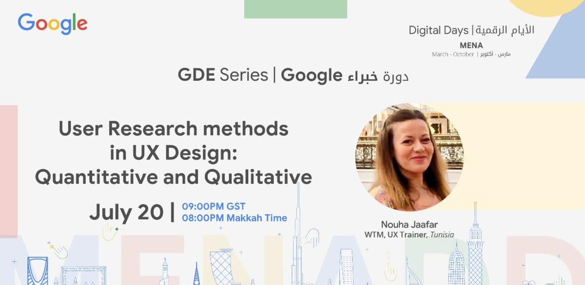 noha_jaafar's tweet photo. Within @Google programs, I will be presenting today during #MENA #MENADigitalDays a session about : "User research methods in UX Design : Quantitative and Qualitative" Starting at 6 PM Tunisia Time, 9 PM Dubai time #uxdesign #uxresearch Live on : https://t.co/EYMe1n5Rkb https://t.co/DPOR6KnQ3k