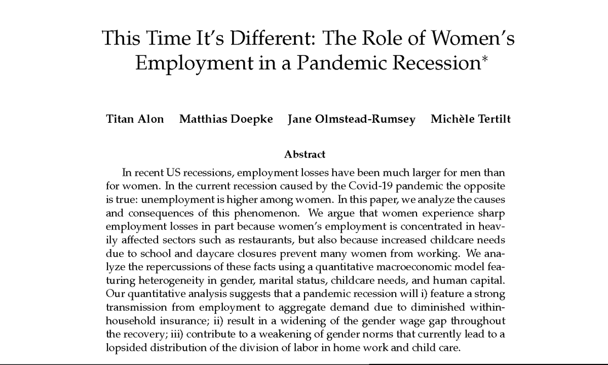 mdoepke's tweet photo. The impact of the Covid-19 recession on women's employment is unlike any other in history.

In a new paper with @janeor_econ, @TertiltMichele, and @TitanAlon, we explore what this implies for the recession, the recovery, and gender equality.

https://t.co/Ql6jnCQaPH

(thread) https://t.co/X59MugR0hI