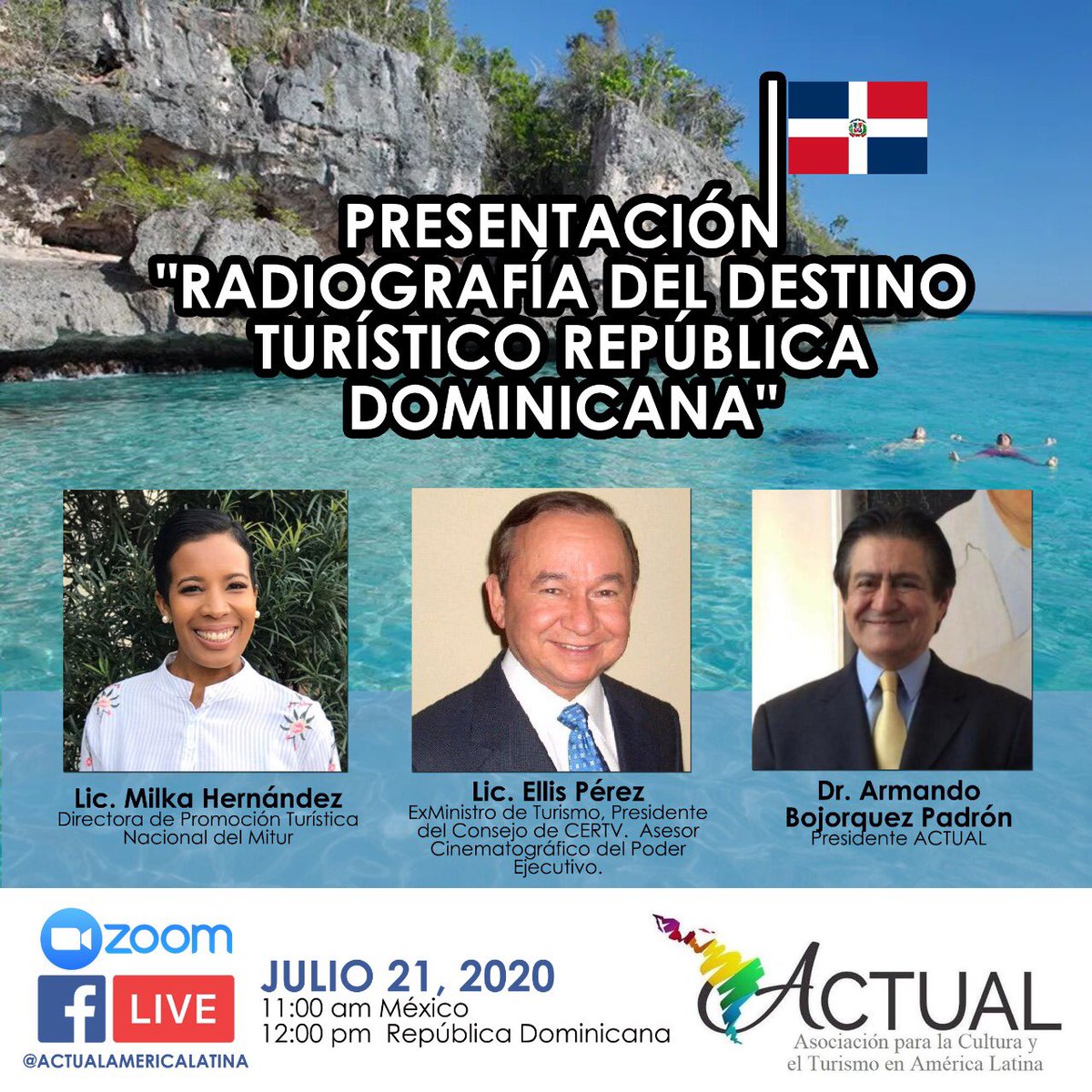asoactual's tweet photo. ACTUAL le invita a unirse al seminario web Zoom.
Cuándo: 21 jul 2020 
11:00 AM Ciudad de México
12:00 PM República Dominicana
Tema: “Radiografía del Destino Turístico: República Dominicana”.

Inscríbase en la fecha y horario que más le convengan:
https://t.co/JrNCRAOBkH https://t.co/kjc7wzkUUq