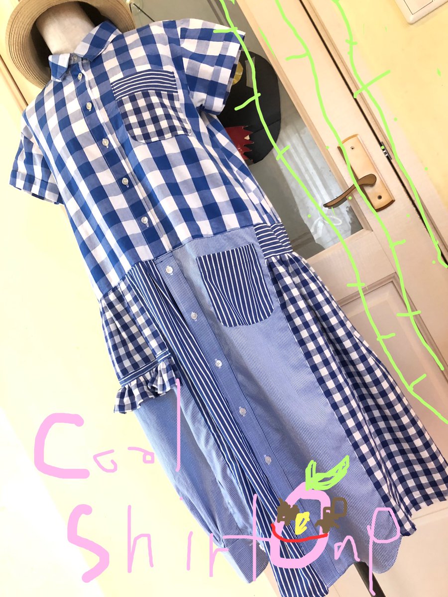 Kuru Kari ガオガオ 夏にピッタリなツギハギシャツワンピ完成 ブルーのギンガムチェック とストライフが 暑い夏に負けない涼しげコーデのお役にたちます笑 1枚できても重ね着しても間違いなし Minne T Co Cq1vtdnehx クルカリ Kurukari