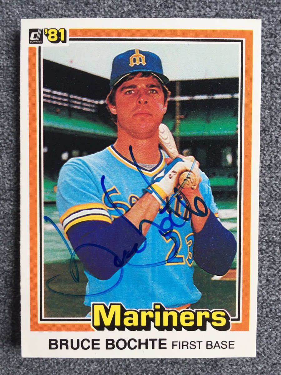 SNETCampbell's tweet photo. #TheDailyCard Bruce Bochte: first Mariner to get a hit in All-Star Game. 8th among Seattle’s OBP leaders (ahead of Ichiro). After baseball, focused on cosmology and ecology. Says restoring a salmon run to a creek in Washington is his “crowning achievement”. Card signed in 1983. https://t.co/prsGmEVXJ7