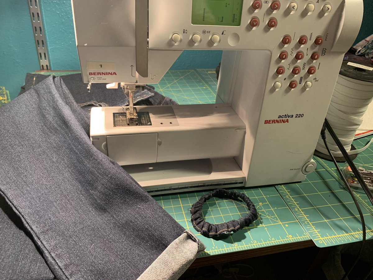 #FCSTeacher Entry #1 - How I spent my #SummerVacation: #Refashioning too long, bootcut jeans into skinny jeans, and turning the cutoff bottom hems into #hairscrunchies. #LoveSewing #Upcycle #PracticalSkills #STEAM #Creativity #Fun