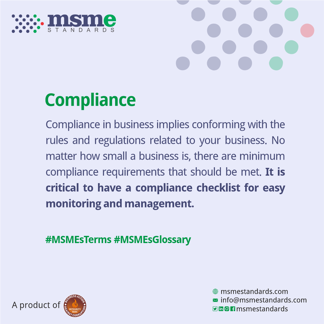MsmeStandards's tweet photo. #MSMEStandards #WordforToday
"Compliance" – 
This implies conforming with the rules &amp; regulations related to your business. 

#SmallBusiness https://t.co/PH5c7jRb64