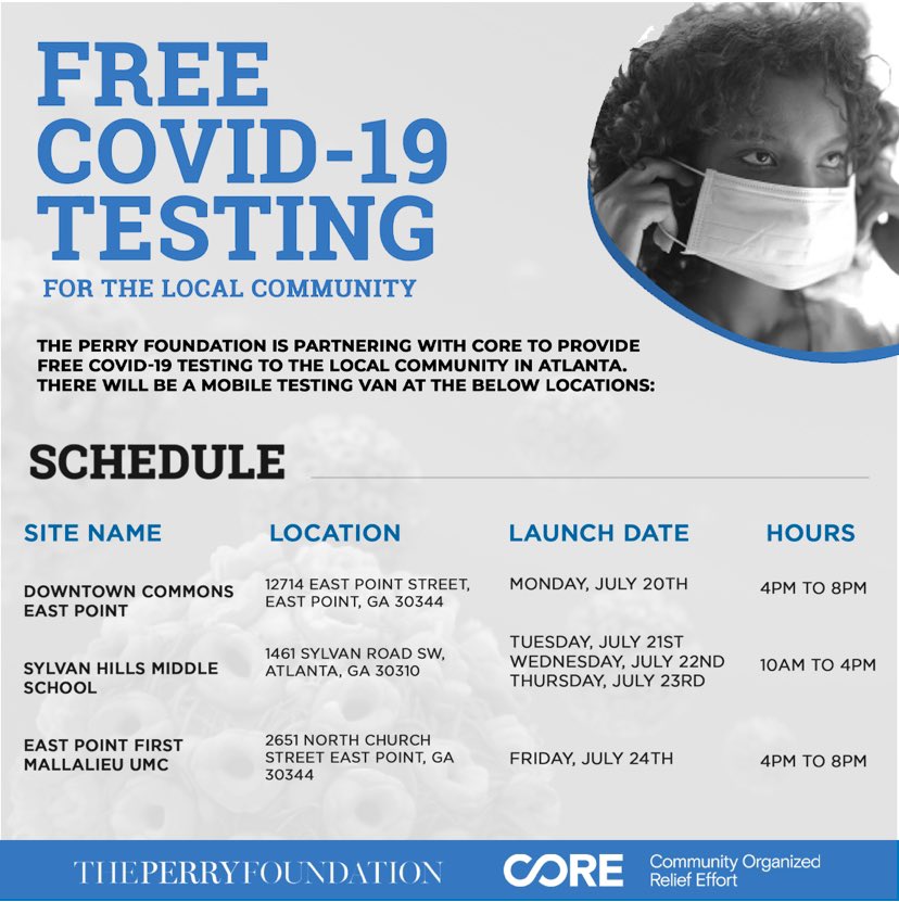 TPstudios's tweet photo. Testing locations for 7.20.20 - 7.24.20: 
The Perry Foundation has partnered with CORE to provide free COVID-19 testing to the local community in Atlanta. There will be a mobile testing van at the listed locations.
#PerryFoundation #TylerPerryStudios https://t.co/Hj9Jd6t9EY