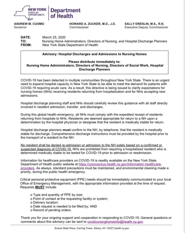 JackPosobiec's tweet photo. Here is Andrew Cuomo’s March 25th executive order requiring nursing homes to accept coronavirus-infected patients https://t.co/0tcvbpwBAd