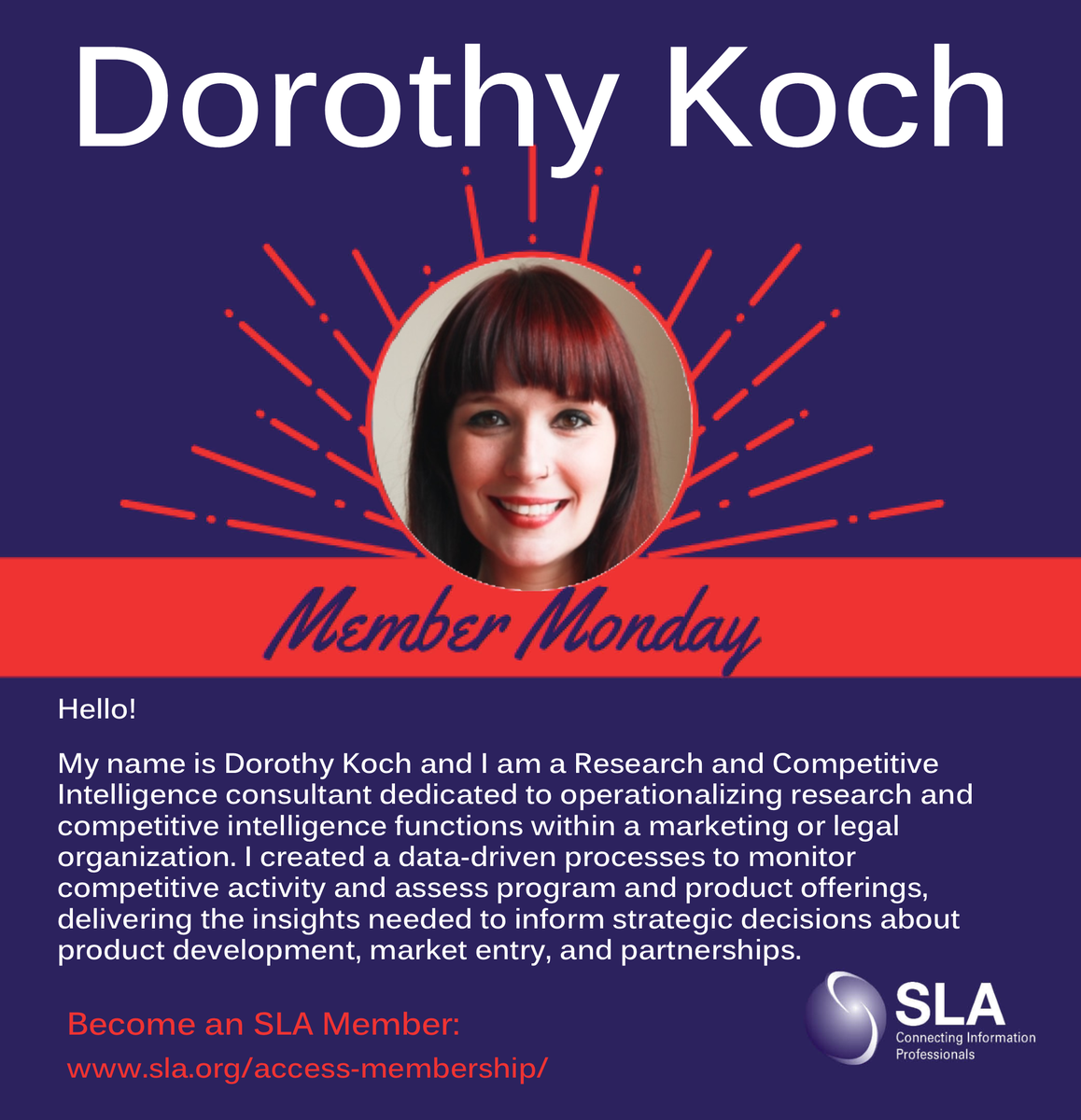SLAhq's tweet photo. Hello #SLAers - it's #MemberMonday! Welcome to our new SLA member, Dorothy Koch!
Take part in the SLA community - grow your network, develop your skillset & advance your career. If you're not a member, join today! https://t.co/KTq5RzAf5b
#OneSLA #SLA2020 #SLAMember https://t.co/JneQ2ame4q