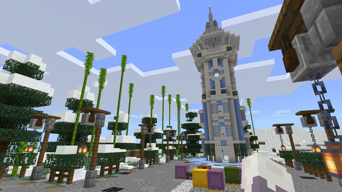 のーまん マイクラ در توییتر Minecraft マイクラ マインクラフト 先日作った倉庫の通りの先に展望台を建てました 雪国なので氷塊と 白建材としてクォーツと閃緑岩メインで作りました 現在は村の中央を整備中です