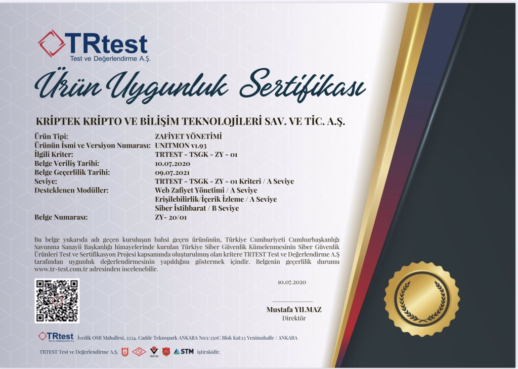 crypttech's tweet photo. Türkiye'nin İLK ve TEK ileri seviye (A) Zafiyet Yönetimi sertifikasına sahip ürünümüz UNITMON, Tr-Test Ürün Uygunluk Sertifikasını almıştır.
@SavunmaSanayii @siberkume @dijital #unitmon #sibergüvenlik #zafiyetyönetimi #cybersecurity #siberistihbarat #unifieditmonitoring https://t.co/tz2I8b95O3