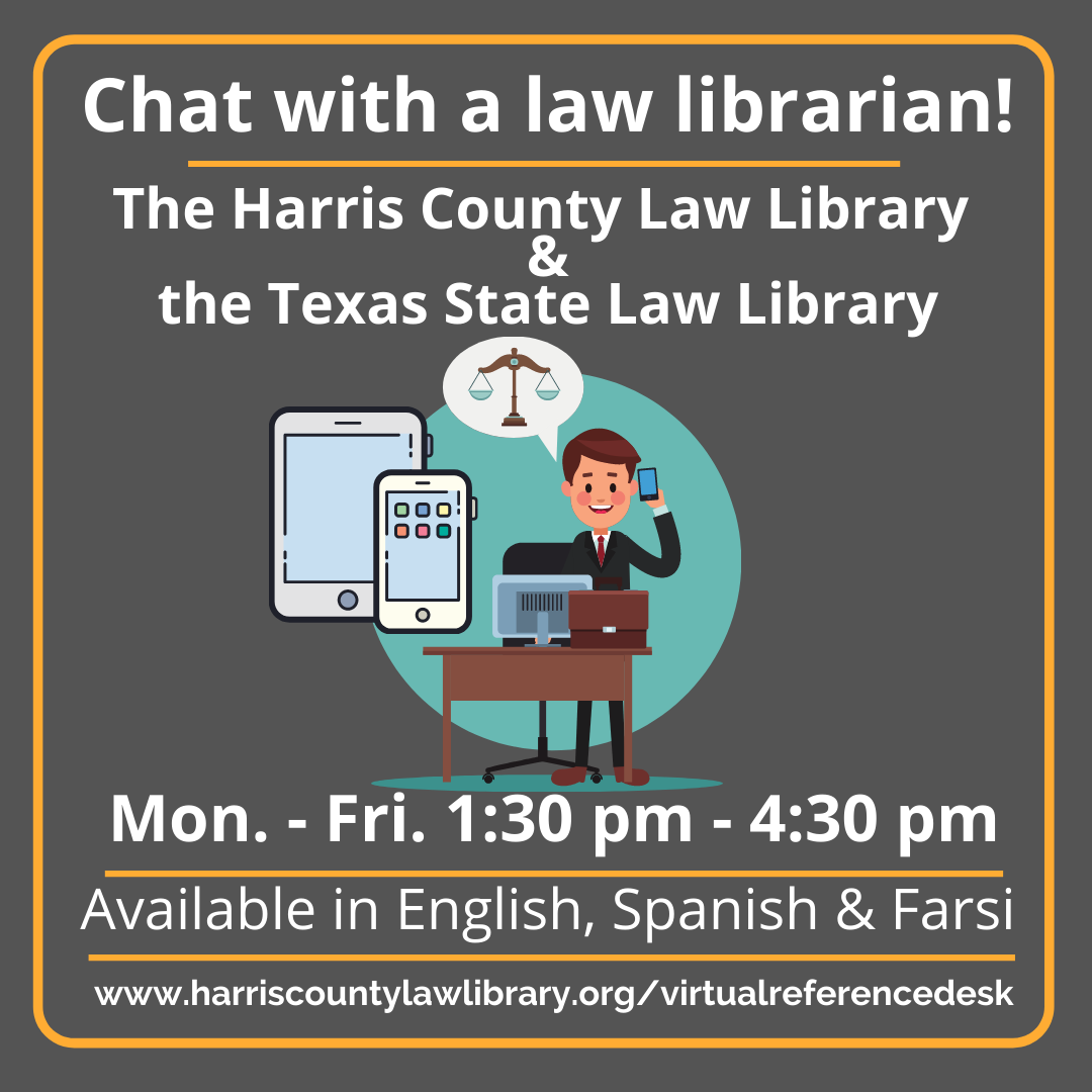 barbarabushlib's tweet photo. Get free legal info &amp; resources via CHAT with the Harris County Law Library &amp; the TX State Law Library real time reference services M-F 1:30pm-4:30pm at https://t.co/I3NkjXrAdp #HCPL #barbarabushlibrary #HCLL #slltexas https://t.co/Ii8Z1xchYB