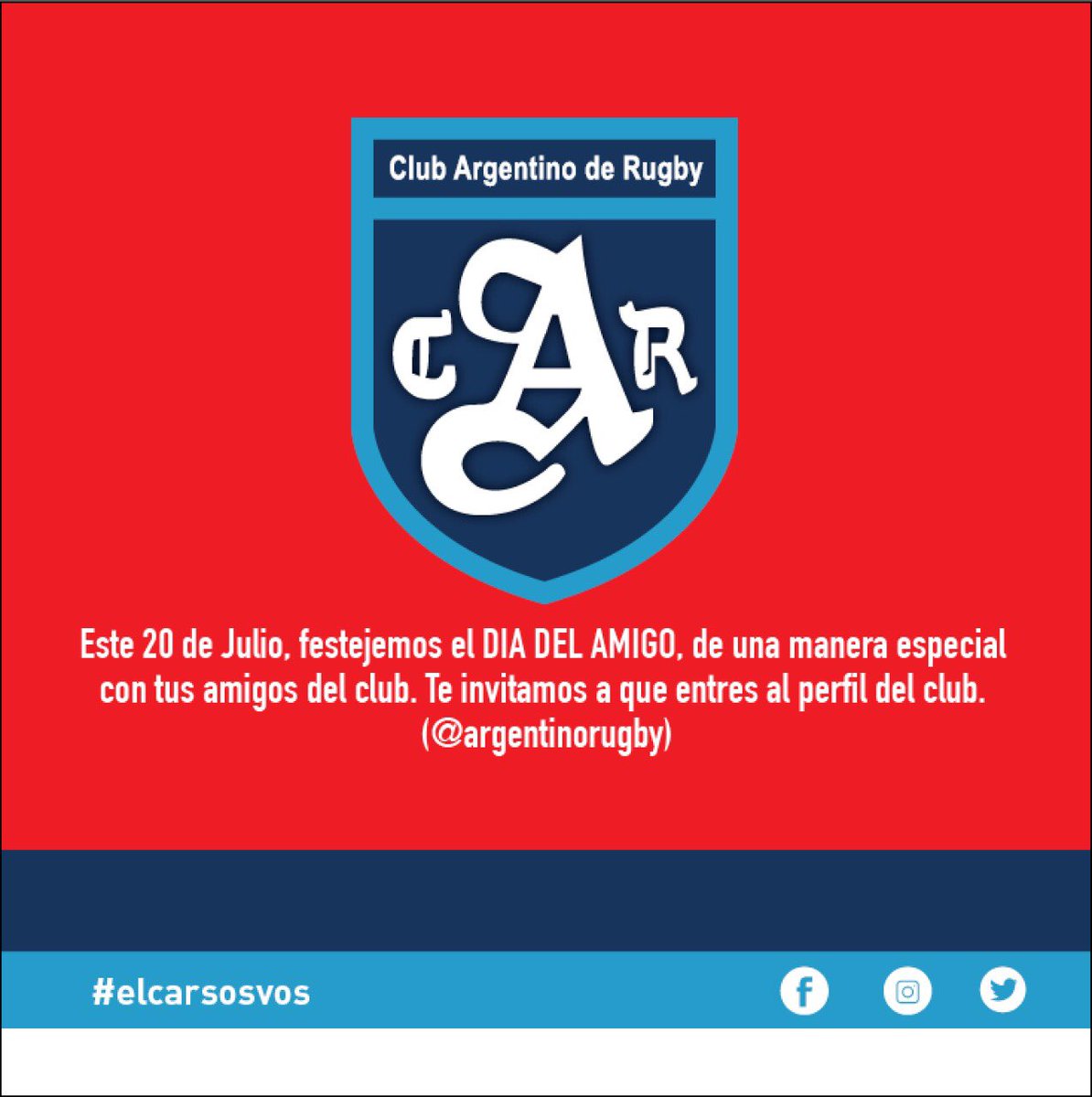 ArgentinoRugby's tweet photo. Desde el CAR les deseamos un feliz día del amigo!
Los invitamos a visitar nuestro perfil y festejar con los amigos del club🙌🏉🏑
#elcarsosvos #quedateencasa https://t.co/NKLTLZhRkw