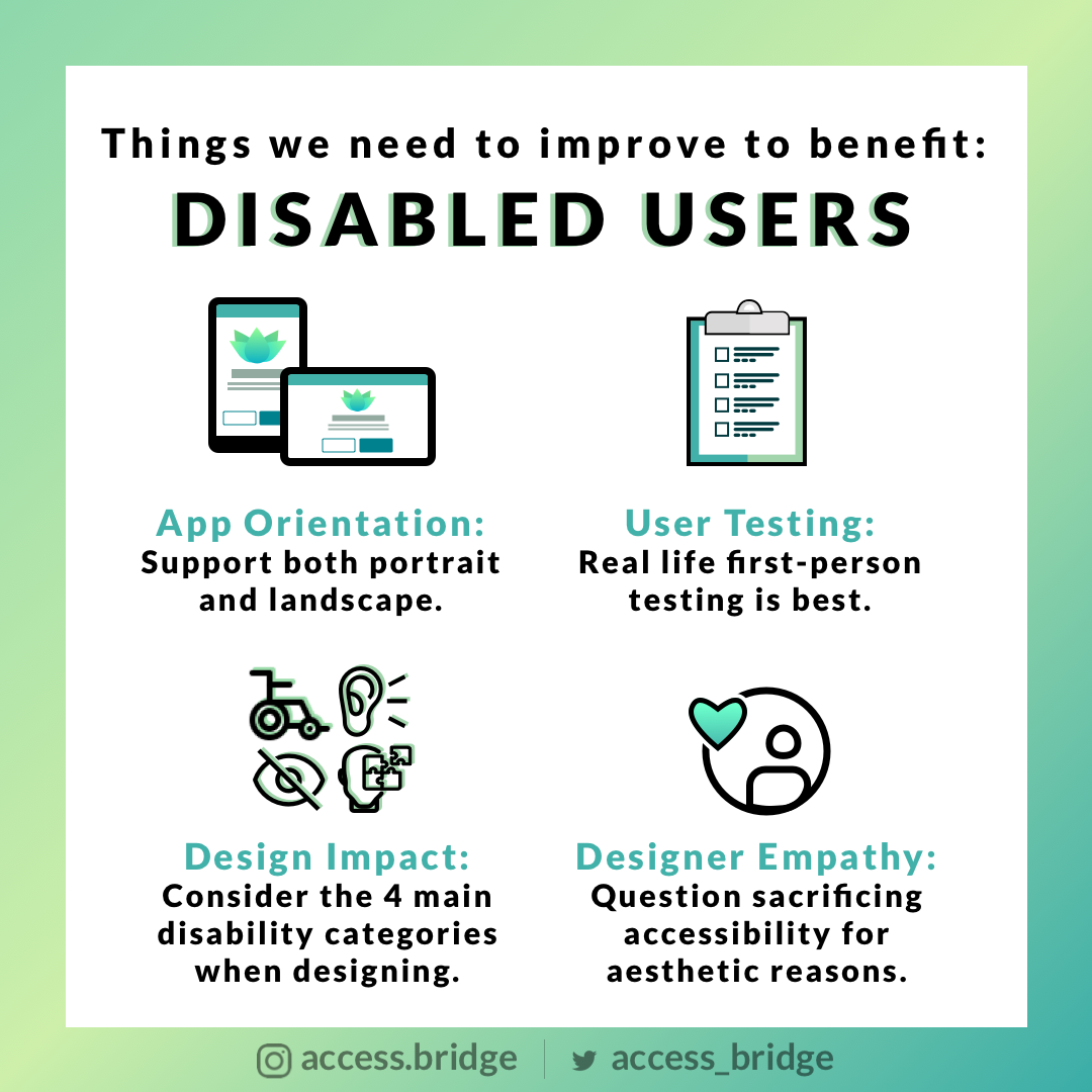 access_bridge's tweet photo. You have more power than you think! There are so many ways to improve the user experience for people who are disabled.
#EmpathyMapping #UXResearch #UserTesting #UX #UI #UXUIDaily #TechHelp #AppDeveloper #AppDesign #Wireframes #AccessBridge #UX_Tips_AccessBridge https://t.co/yB28Wfdu4E