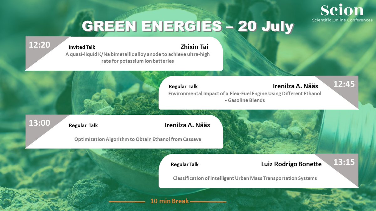 SCIONconf's tweet photo. The Green Energies Conference is almost at its half time. 
Take a look at the following talks and get in touch to know more about our conferences. 

#SCION #GreenEnergy #Greenenergy #onlineconference #triboelectric #energyefficiency #ScienceMatters #Cassava #algorithmengineer https://t.co/ApyoDQVNgJ