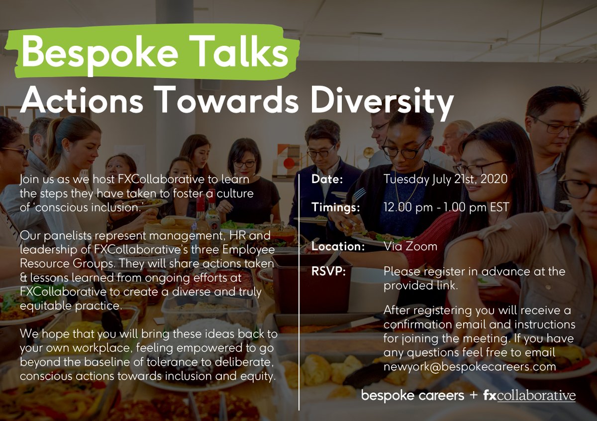 BespokeCareers's tweet photo. Tomorrow, Tuesday July 21 at 12pm EST, #BespokeCareers is teaming up with @FXCollaborative to discuss conscious #inclusion and how we can take action towards #diversity in the #workplace.

Register for the webinar here:
https://t.co/InljSKlu5p

#AEC #fxcollaborative #nycoba #work https://t.co/jvhER8EO03