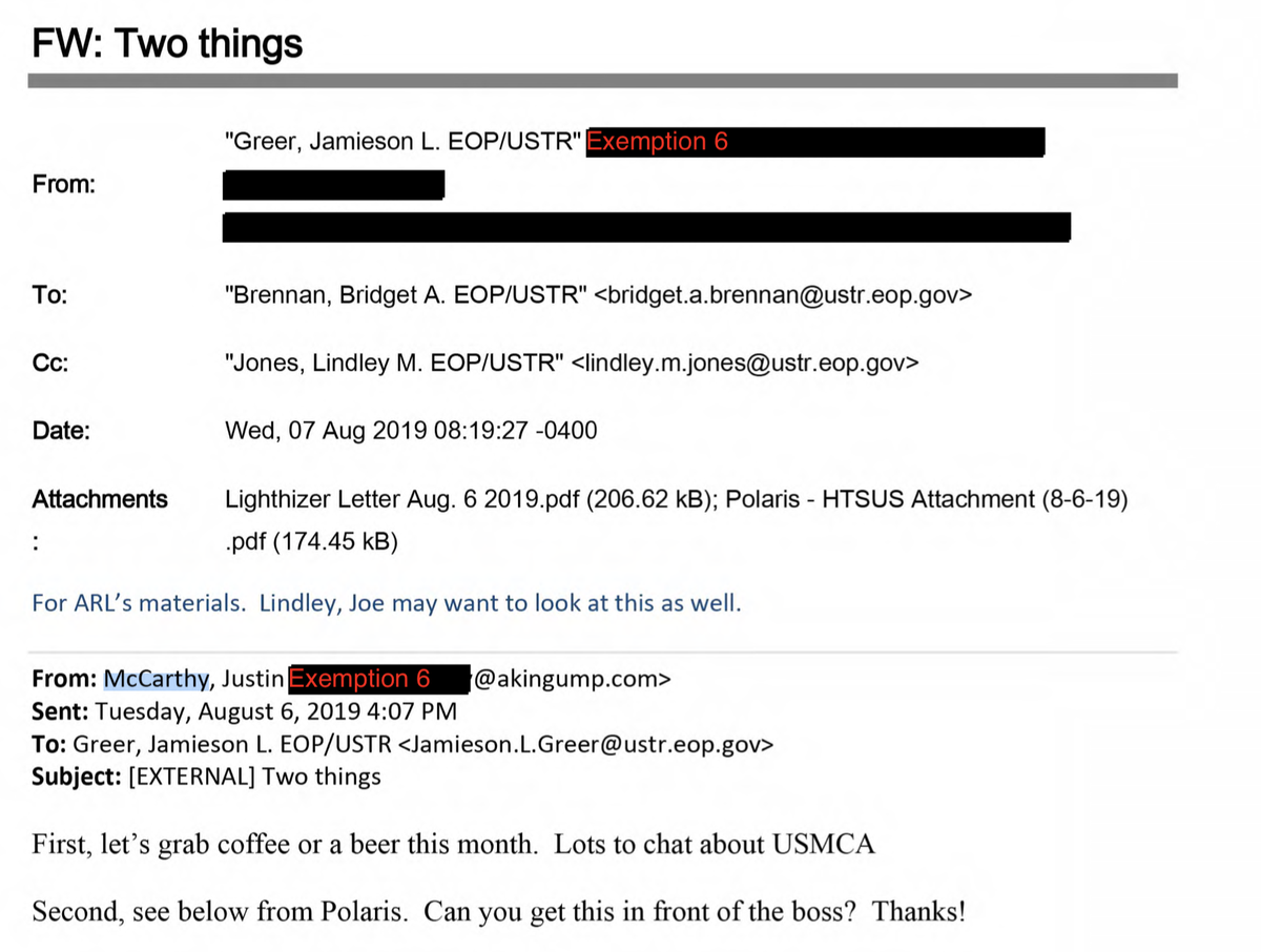 The emails also show a cozy relationship between Polaris lobbyists and top USTR officials, who forwarded Polaris’ appeals on to their own higher ups. Polaris also reached out via Peter Navarro, who asked USTR's chief of staff for assistance. 3/