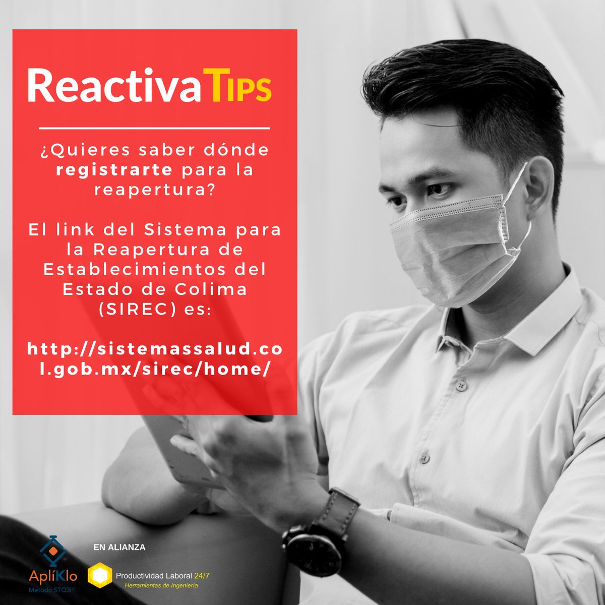 apliklo's tweet photo. #ReactivaTips
#negociosyempresasdeColima
¿Sabes dónde registrarte para documentar la reapertura de tu negocio? Aquí el link del Sistema para la Reapertura de Establecimientos del Estado de Colima (SIREC) https://t.co/IRXMCs5Sih
#apliklo #ProductividadLaboral247 #reaperturasegura https://t.co/QShxhNYicB