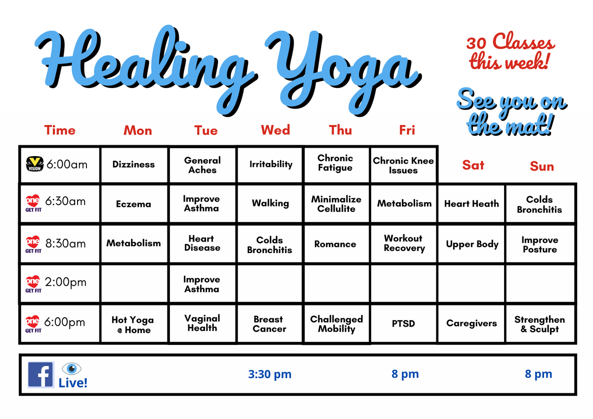 DeborahDevine_'s tweet photo. Some OMazing topics this week! Join me on @VisionTV and @OneTVca for that #HealingFeeling
#weightloss #PTSD #caregivers #pelvicfloor #mobilitychallenged #breastcancer #hearthealth #cold #bronchitis #workoutrecovery #asthma #irritability #knees #eczema #dizziness #healingyoga❤️ https://t.co/sMAKX1exTr