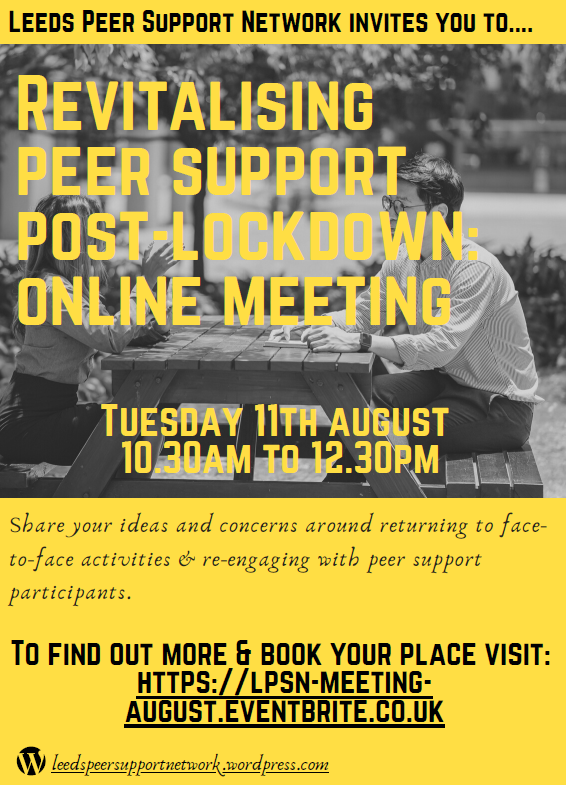 LeedsPeer's tweet photo. *We are hosting our first online meeting on 11th August*

Are you involved in developing or delivering peer support activities? or want to share ideas or concerns around returning to face to face or re-engaging with #PeerSupport groups and participants?

https://t.co/yVak9KpDBb https://t.co/dHOaBfppJQ