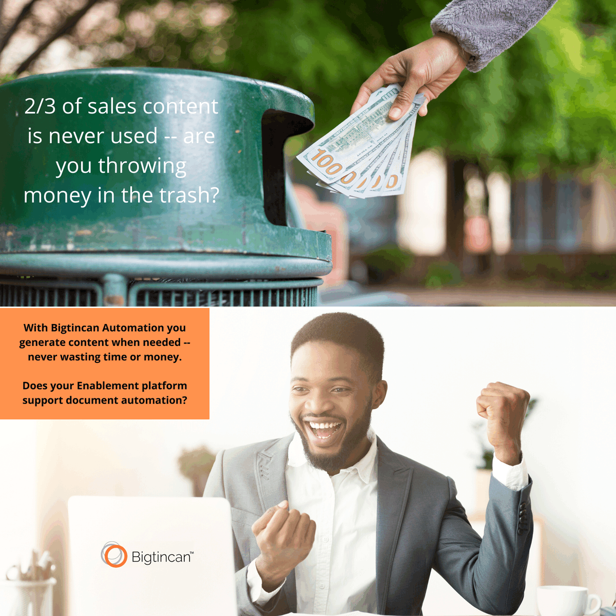 bigtincan's tweet photo. 2/3 of sales content is never used -- are you throwing money in the trash?

With Bigtincan Automation you generate content when needed -- never wasting time or money. Does your Enablement platform support document automation?

https://t.co/5kcOlUdcPV

#automation #salesenablement https://t.co/EBf5Zh6Fss