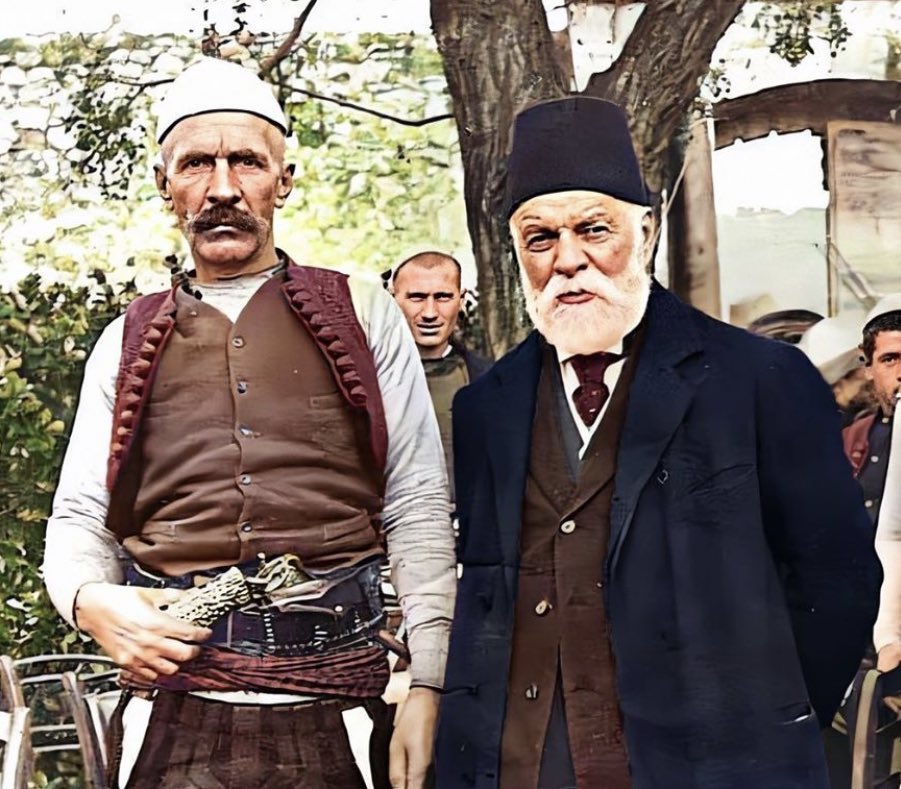 Albanian independence leaders Isa Boletini (from Kosovo) and Ismail Qemali (from Albania) in 1912, colorized. 

📍 Vlora, Albania