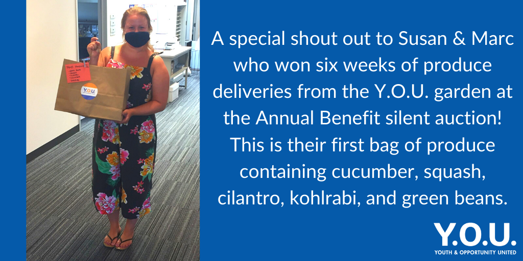 YOUevanston's tweet photo. Last week, a Y.O.U. team member dropped off this bag of produce from Y.O.U.'s urban, organic garden to Susan Berkowitz and Marc Beem! Susan and Marc won 6 weeks of produce delivered to their home directly from our garden during the silent auction at our 49th Annual Benefit. https://t.co/nxcSrh3qIq