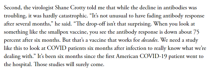 Here's really the money paragraph. Smallpox antibodies fade months after getting the vaccine, but the immunity from vaccination lasts DECADES. We ERADICATED smallpox with this vaccine.