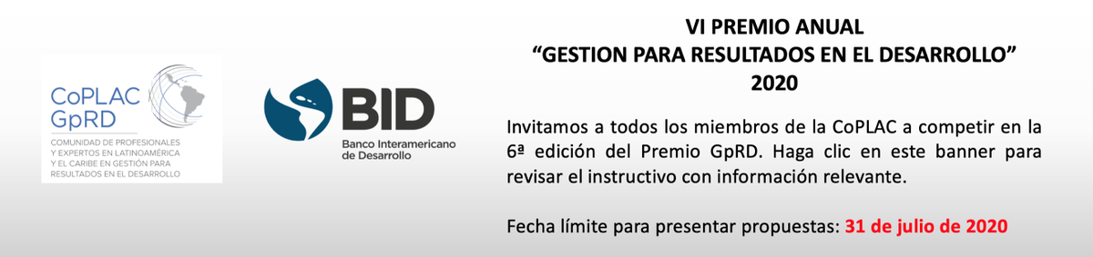 Quedan 11 días para postularte al VI Premio #GpRD 2020, el cual se llevará a cabo en el marco del VIII Seminario de la Red de #GobiernosSubnacionales

#GestiónPública #CoPLAC #GestiónPorResultados

<a href="/el_BID/">Banco Interamericano de Desarrollo</a> @BID_GobernArte

bit.ly/3i8He6I  
bit.ly/2WE9feq