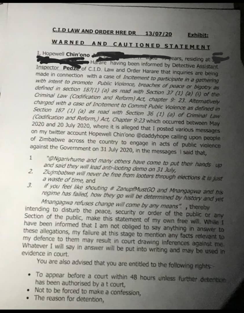 advocatemahere's tweet photo. Journalist Hopewell Chin'ono is charged with incitement to commit public violence under the Criminal Code for joining the call for a demonstration on #31July. 

We know this is designed to punish &amp; silence him for exposing corruption by the regime. #FreeHopewell https://t.co/OWRh5aFDu8