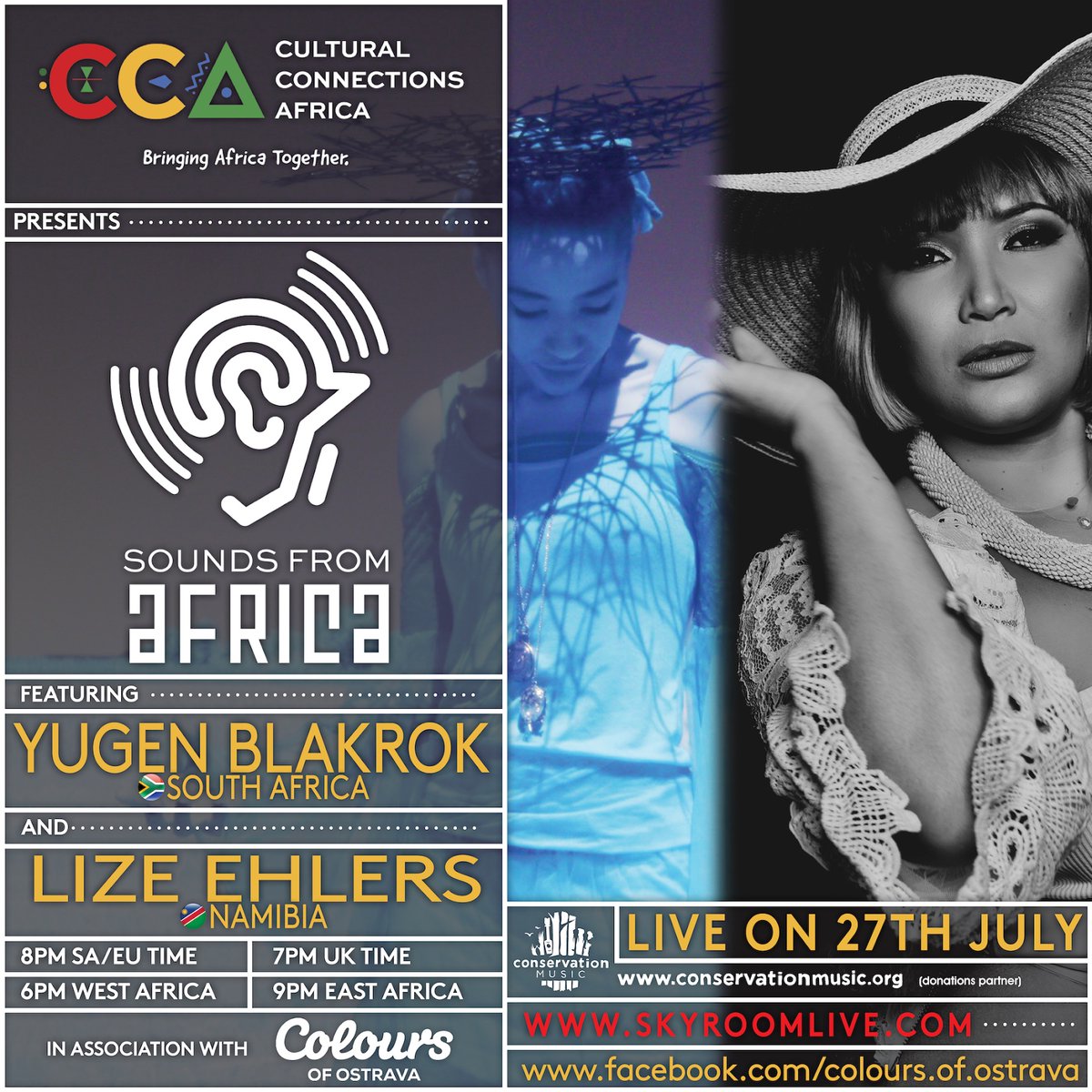Tune in at 2pm EDT, 6pm WAT, 7pm BST, 8pm CAT, 9pm EAT on July 27th to see Yugen Blackrok &amp; Lize Ehlers LIVE on Facebook at @ConservationMusic or @ColoursOfOstrava during Cultural Connections Africa’s #SoundsFromAfrica series! facebook.com/conservationmu…”