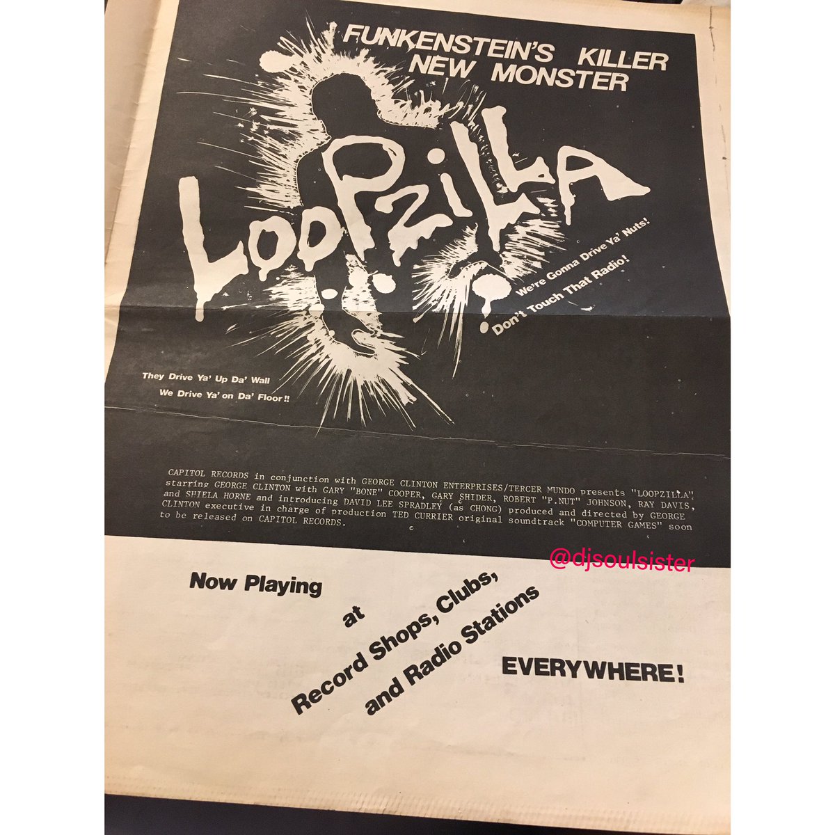 [Thread] I’m celebrating  @george_clinton’s bday week with more P-Funk deep dives, including this advance promo graphic for Clinton’s 1982 song, “Loopzilla.” Published in a 1982 edition of the ‘New Funk Times’ P-Funk fan club newsletter/comic. Illustration by  @overtonloyd. ⁣
