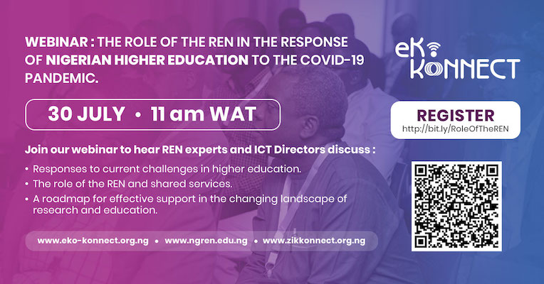EkoKonnect's tweet image. Are you a decision-maker or ICT director in higher education in #Nigeria exploring technological innovations to overcome challenges heightened by the COVID-19 pandemic?  

Register for our July 30 webinar to hear how the #NREN can help!  👉 bit.ly/RoleofTheREN  🇳🇬