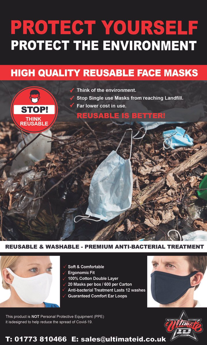 ultimateid's tweet image. Using disposable masks?😷

We supply cost effective reusable masks, printed with your logo.
Kit your team out ready for the new government directive on the 24th and reduce the cost of keep buying disposables.

Protect your team, protect the environment✅
☎️01773 810466
