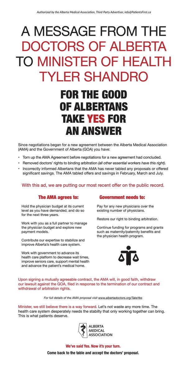 Hopefully this list is not to be continued... We have made several offers to  @yourAlberta &  @shandro. The latest offers everything you say you've been asking for. For the sake of Albertans, please take yes for an answer.  https://www.albertadoctors.org/services/physicians/our-agreements/take-yes-for-an-answer /16