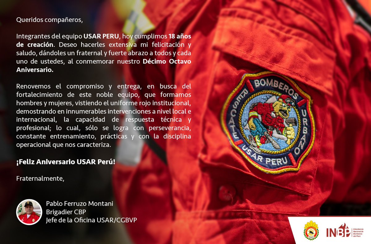 USAR_PERU's tweet photo. "Décimo Octavo Aniversario USAR - PERÚ" 🇵🇪  🧑‍🚒🚒
#USAR #Peru #Bomberos #RescateUrbano #bomberosvoluntarios #BomberosPeru #RescateTecnico #CGBVP #INSARAG  #firefighters #rescue #bombeiros #resgate https://t.co/3Huq8cfpOg