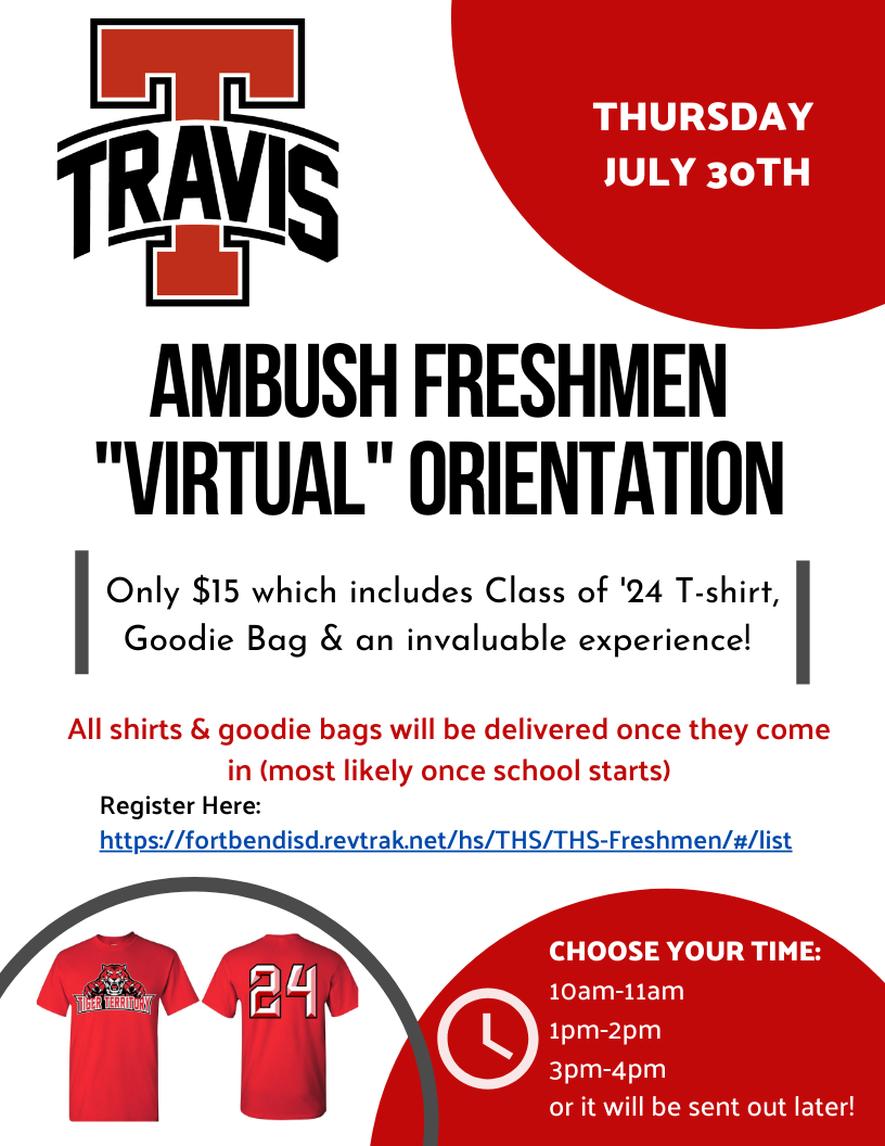 Tracks4Tigers's tweet photo. 9th AMBUSH ORIENTATION - Shirt &amp; Goodie Bag are $15 &amp; open for all freshmen.  We have 3 sessions &amp; if they don't work, we'll send it out later.  Hope 9th graders join us - our mentors are excited! Register Here: https://t.co/55vxJ2S4zb https://t.co/ieewbrJgtt