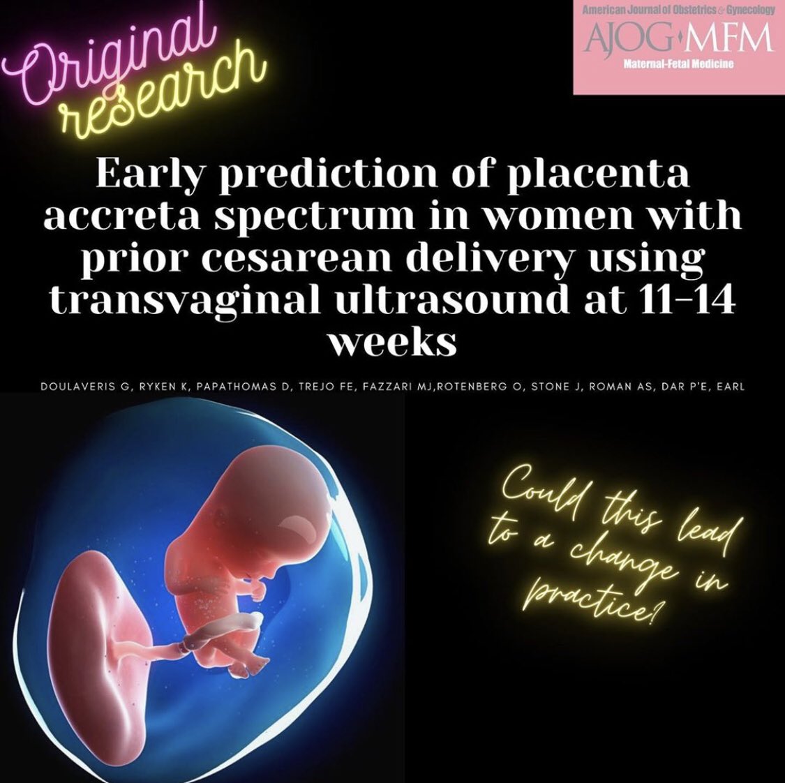 Our research on screening for #PlacentaAccreta at 11-14 weeks is now published at @ajogmfm

We created a grading tool examining the scar and placenta by transvaginal ultrasound and we were able to identify most cases

#MFMTwitter should we screen at FTS?

doi.org/10.1016/j.ajog…