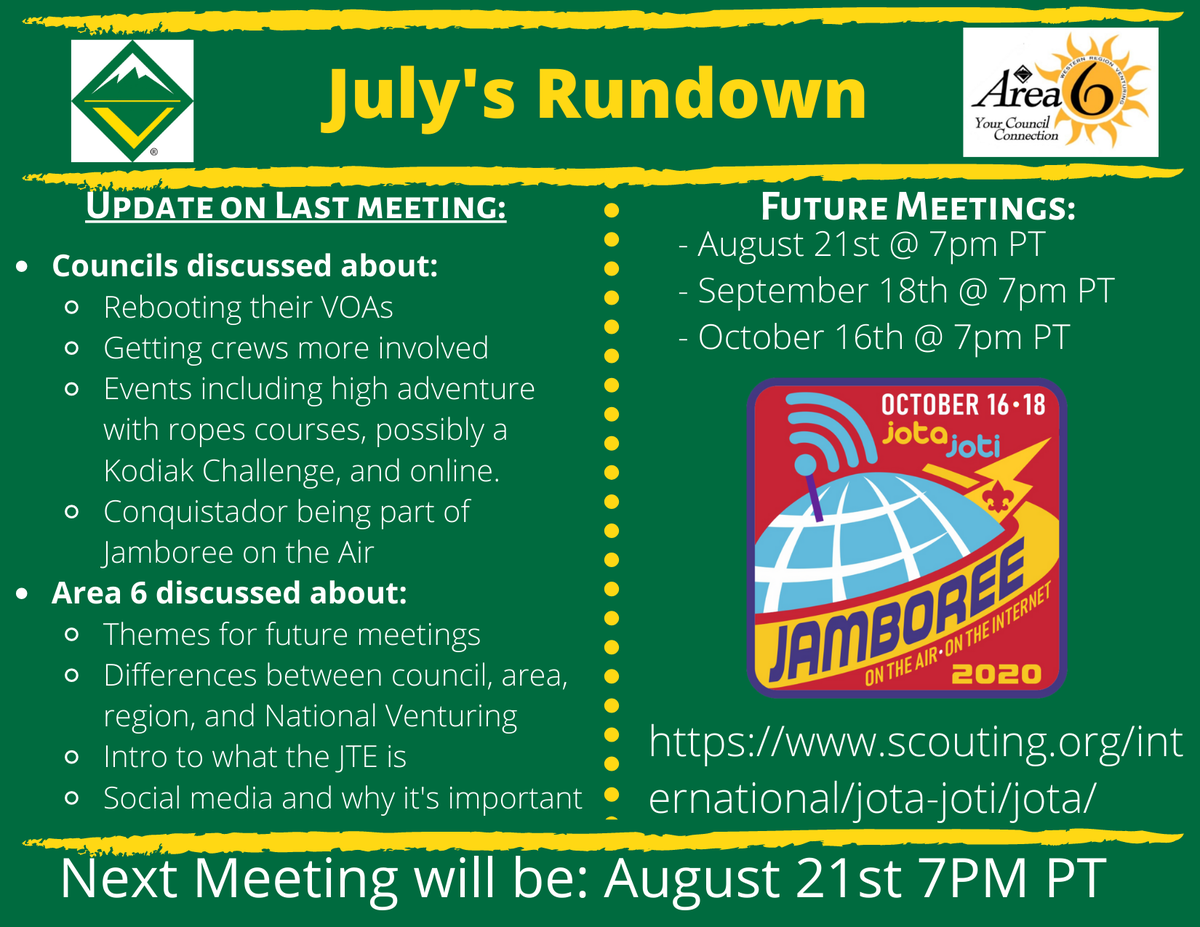 WRA6Venturing's tweet photo. The Welcoming and Q&amp;A was a success! Can't wait to see you next meeting, August 21st! Here are some links for what we had discussed: 

Jamboree On the Air website:
https://t.co/iroTyBM36L

JTE Council Score Card:
https://t.co/ahy38NBfnb https://t.co/VjQArQOL3Q