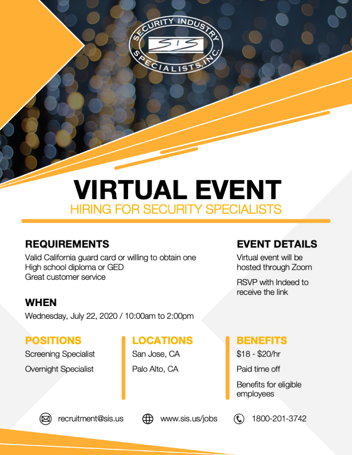 Ag_brennan's tweet photo. SIS Virtual Hiring Event this Wednesday, July 22,2020. RSVP via Indeed and see the details below! https://t.co/od7Mhku8DU

#bayarea #California #hiringevent #JobSeeker #jobfairy #career #careers #virtual #VirtualEvents #Zoom #indeed https://t.co/3SgidcuLsh