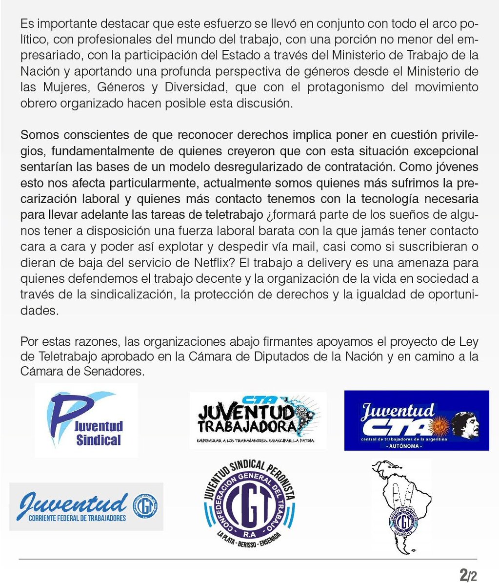 langosJP's tweet photo. Las Juventudes del Movimiento Obrero, en unidad, pedimos al @SenadoArgentina la aprobación de la Ley de Teletrabajo. Garantizar derechos a les trabajadores es la única salida! https://t.co/IhOyWIMVMU