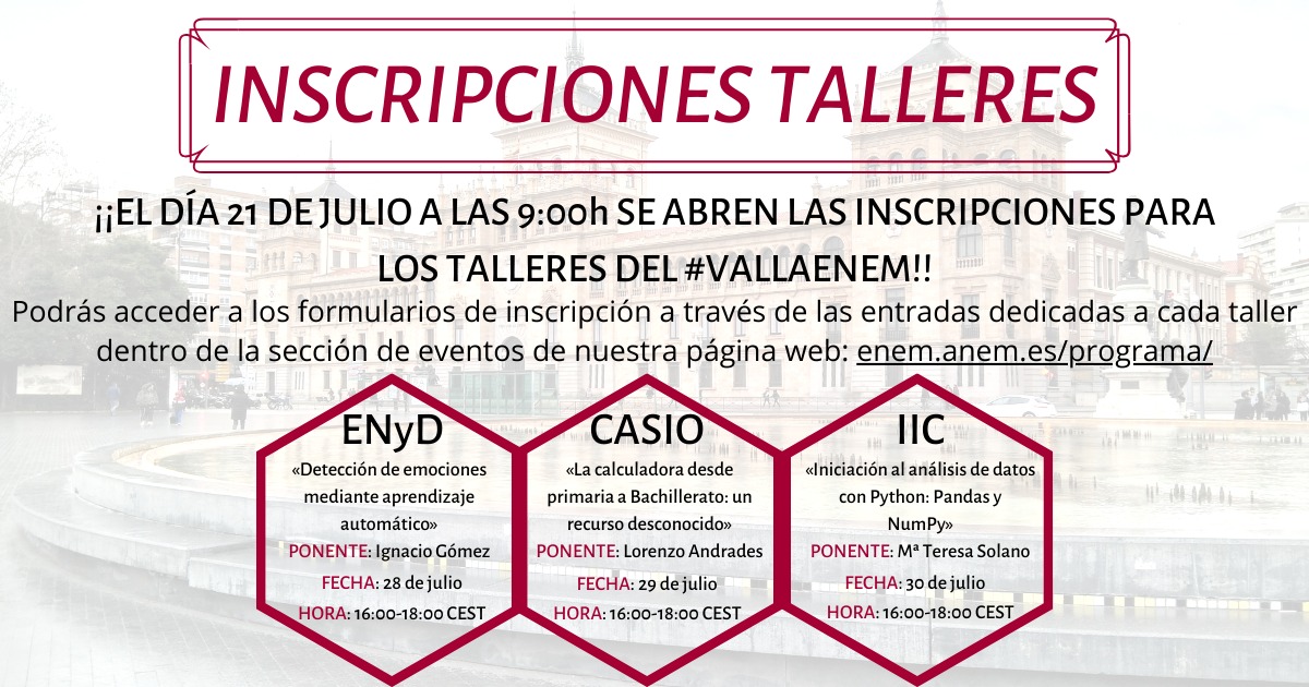 ⚠️ ¡ATENCIÓN, ATENCIÓN! ⚠️

¡Mañana se abren las inscripciones a los talleres!* Se podrá acceder a los formularios a través de la web en enem.anem.es/programa/ 😊

*Estarán abiertas hasta completar aforo.