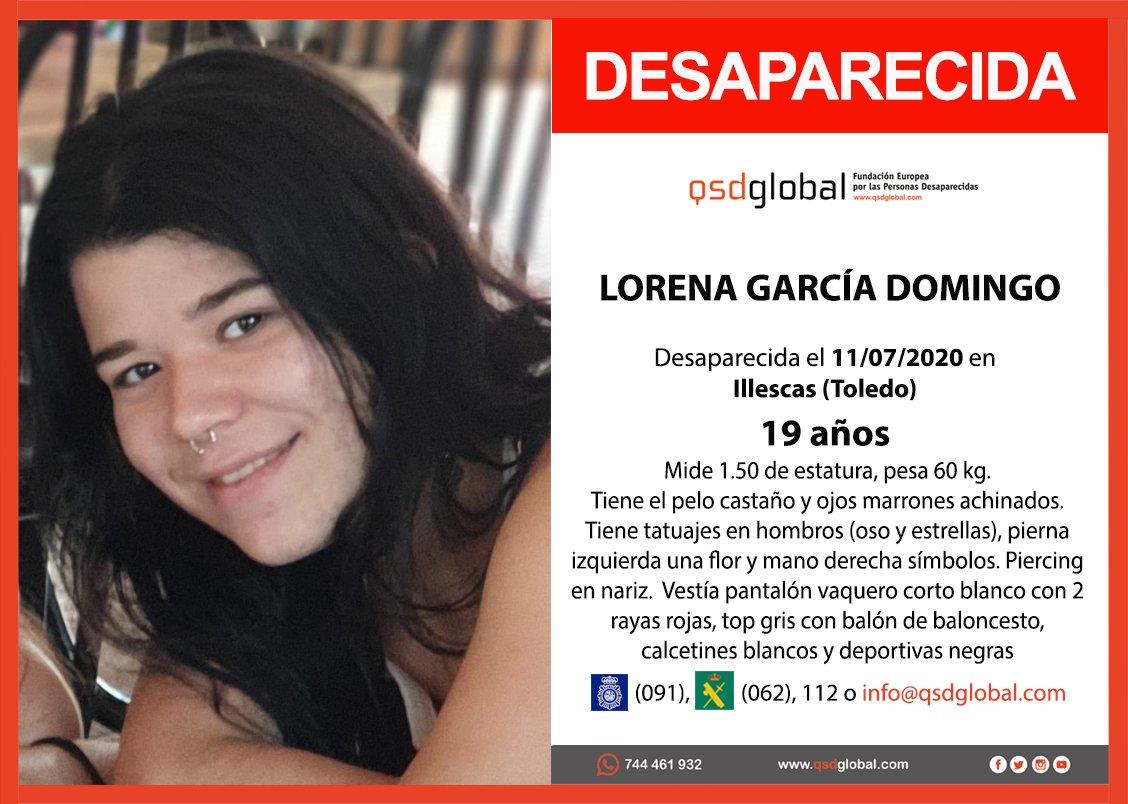 guardiacivil's tweet photo. 🆘#URGENTE ⚠#AlertaDesaparición 
Lorena ha #desaparecido en #Illescas, Toledo 

Colabora ¿tienes información? llama: 📞112 📞062 📞091

¡Haz RT! puedes ayudar mucho. https://t.co/pKbgOD5ftu