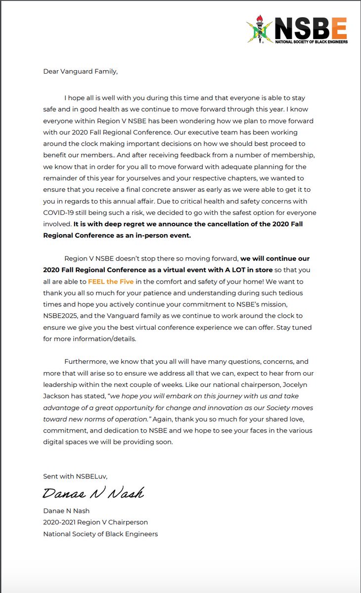Region V NSBE has decided we will continue our 2020 Fall Regional Conference as a virtual event with A LOT in store so that you all are able to #FEELtheFive in the comfort &amp; safety of your home! Please read our 2020-21 Region V Chair's Address to our 2020 Fall Regional Conference