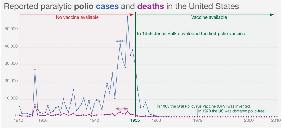 As the chart shows, these celebrations were not misplaced.Over the coming years vaccination campaigns reached many American children and the terrible epidemics ended. By 1979 the US was declared polio-free.