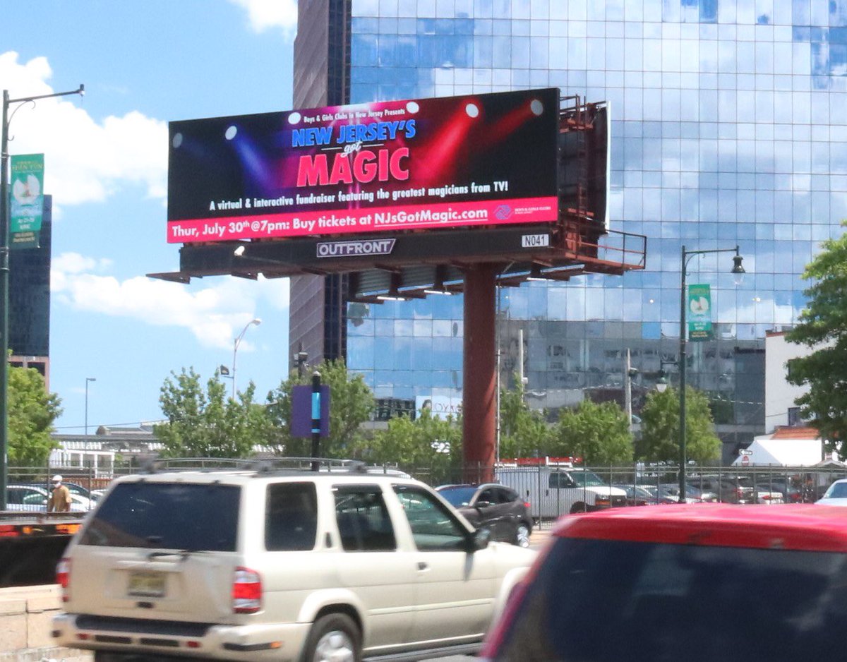 bgcnj's tweet photo. Thanks ⁦@OUTFRONTMEDIAUS⁩ for the outstanding billboard support of our upcoming virtual magic show featuring TVs most incredible magicians &amp; illusionists. Go to https://t.co/HFPwn6uEaF to join the fun! Tickets start at $25 to benefit NJ Club youth. #outfrontmedia https://t.co/rLuqxxNdzs