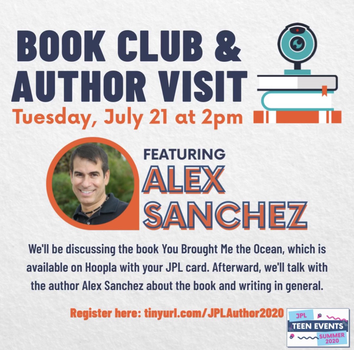 YAlit_com's tweet photo. My library is hosting Alex Sanchez @RainbowAlex Tues. July 21 at 2 pm for an online author chat. We'll begin by discussing his graphic novel You Brought Me the Ocean, (available on Hoopla), but you can attend if you haven't read it.  Then Alex will join us for a Q&amp;A. Open to all! https://t.co/g11NQBGASP