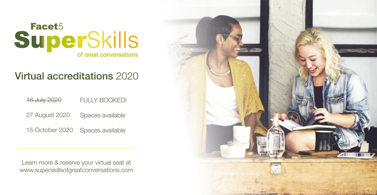 Facet5's tweet image. We had a very successful first official #SuperSkills accreditation last week.  Don't miss out on booking the next one! We even had to book a special #US one due to popular demand. Do it now. #HighWill superskillsofgreatconversations.com/get-accredited/
#artofconversation #MondayMotivaton