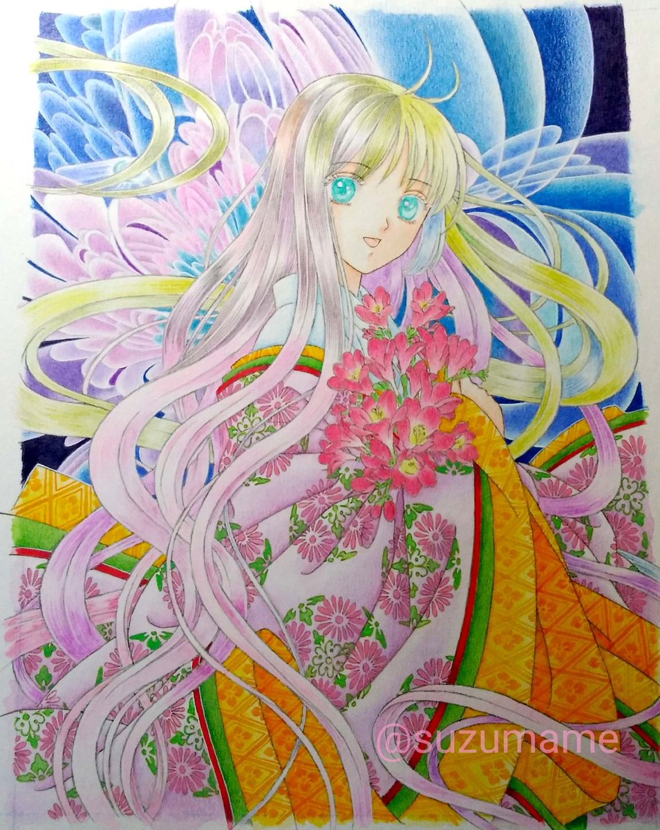 アナログイラスト 途中絵 色鉛筆 イラスト進捗 やっとご褒美タイムの黒 鈴豆 まめたん のイラスト